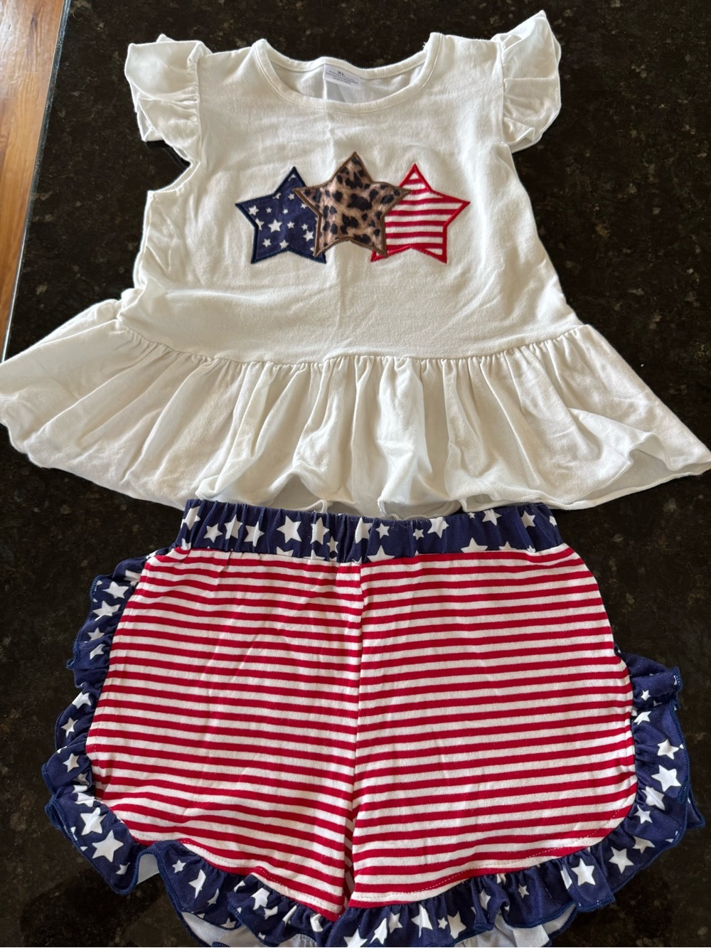 Kids Patriotic Star Ruffle Top & Stripe Shorts Set - White/Red/Blue - July 4th